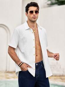 Men's Casual Button Up Short Sleeve Summer Beach Shirt - White - View 5