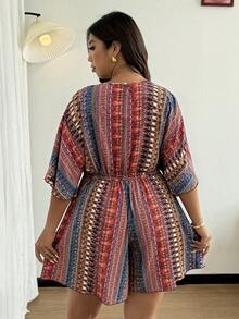 Vionelle 大码女式V领纽扣荷叶袖短袖宽松短裤优雅碎花可爱度假休闲法式连体裤，春夏款 - 彩色 - 查看 2