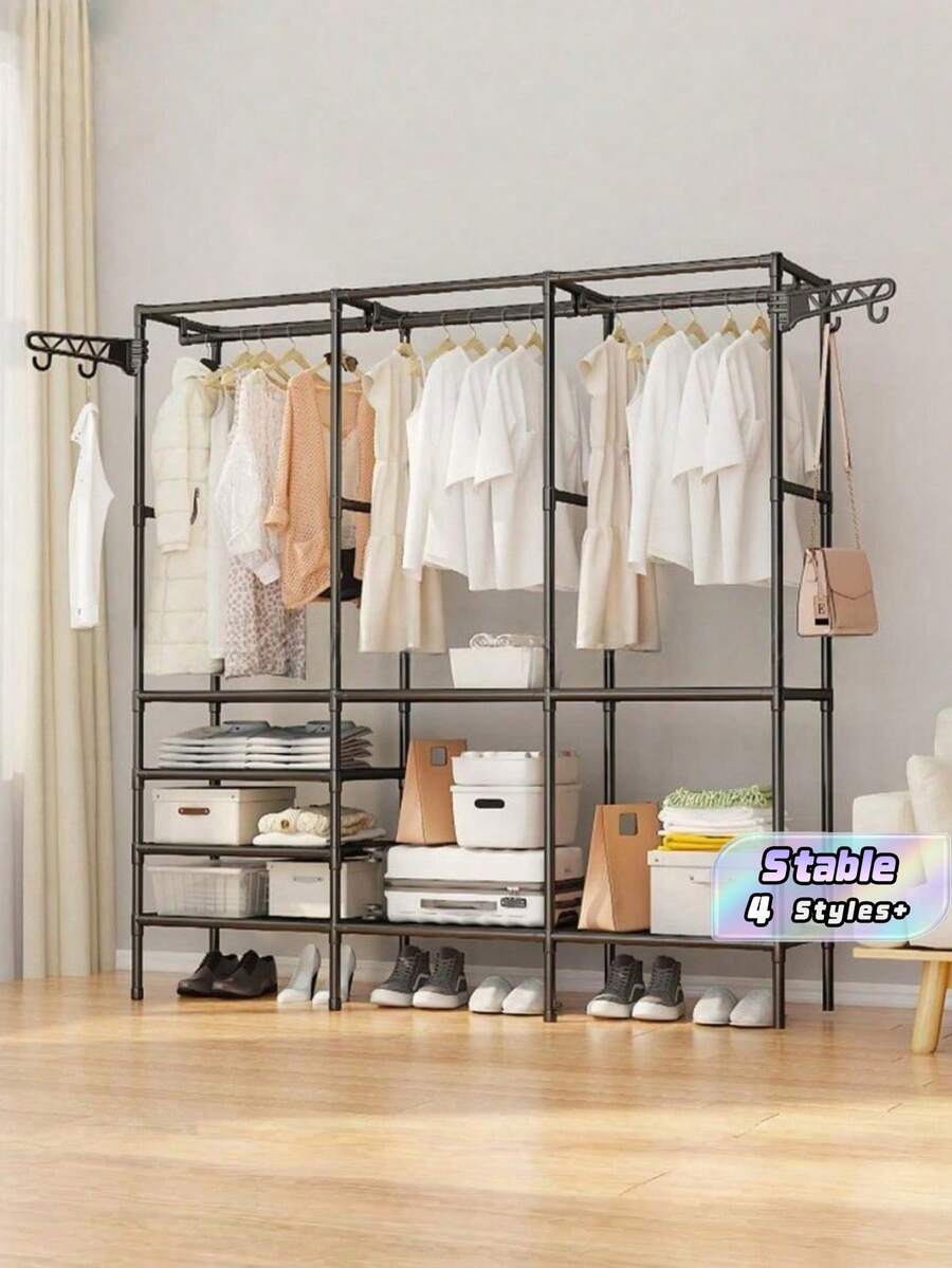 1pc Hanger & Storage Rack + Thickened Hook Set, Freestanding Space-Saving Structure, Quick Assembly Without Complex Tools, Black/White Stylish Design Matches Any Decor, Stores Clothes, Shoes & Accessories In One Step, Ideal For 92 Usage Scenarios, Recommended By 68 Home Tests, Strong Load Capacity & Sturdy Without Sway, Keeps Your Space Neat And Organized. - Multicolor - View 1