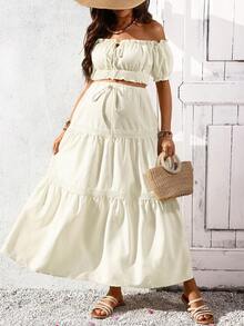 SHEIN Maternity Simple Solid Color Off-Shoulder Top And Skirt 2-Piece Set - Apricot - View 4