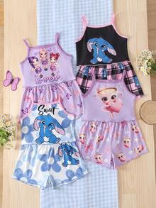 (Envío de 1 set aleatorio de 4 sets) Shorts con tirantes para niña, tela de punto con volantes, patrones lindos de conejo, figura y cuadros, pijamas suaves y cómodos, mejor regalo para niña - Blanco - Ver 4