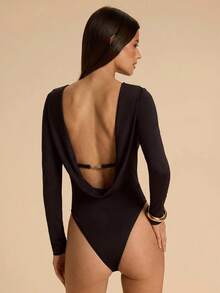 SHEIN BAE Women's Solid Color Backless Long Sleeve Bodysuit/ - Brown - View 2