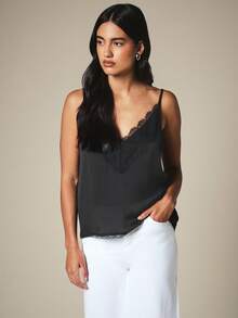 KSTM V-Ausschnitt Spitzenbesatz Satin Träger Top ärmellos Slip Stil Abend Sommer Party Trägerhemd - Schwarz - Übersicht 4