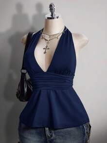 SHEIN ICON Áo camisole chấm bi dáng chữ A hở lưng cổ chữ V, cỡ lớn, kiểu retro Y2K, áo camisole chấm bi cổ yếm hở lưng. - Màu xanh hải quân - Xem 7