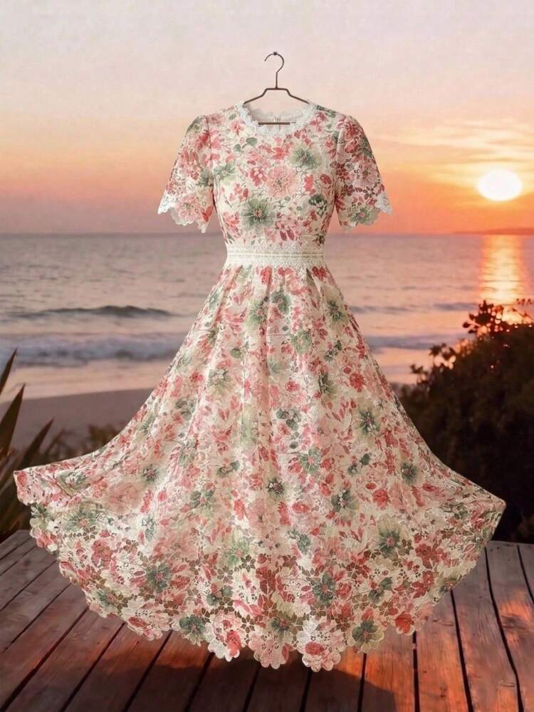 Women's Elegant Floral Lace Patchwork Stand Collar Petal Sleeve Mid-Length Dress, Summer Boho Sun Dresses For Women Vacation Outfits Women