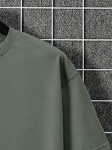 Manfinity Homme 2pcs Men's Solid Color Round Neck Drop Shoulder Casual Loose Fit Summer Set - Army Green - View 5