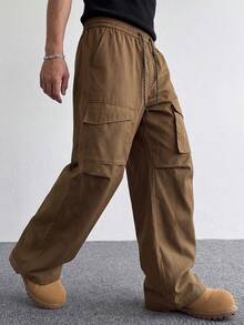 STYNVO Pantalones cargo casuales sueltos con cordón en la cintura de unicolor para hombres - Negro - Ver 5