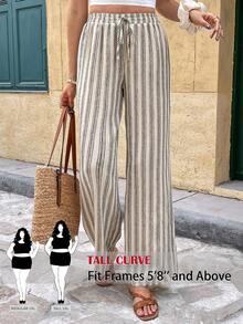 SHEIN Tall CURVE 大码女式抽绳腰带条纹休闲百搭阔腿裤，适合日常穿着 - 彩色 - 查看 3