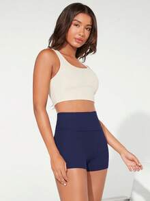 SHEIN BASICS 女款純色高腰修身短褲，夏季女款，海軍藍 - 藏蓝色 - 查看 4