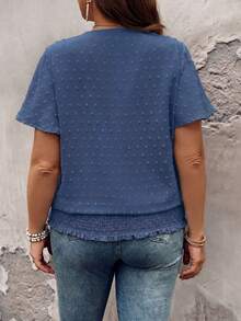 EMERY ROSE Ruffled Hem Elastic Waist Short Sleeve Round Neck Pullover Top, Plus Size Blouse - Dusty Blue - View 2