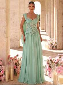 Glamrae Luxurious Lace Sequin Chiffon Formal Ball Gown,Elegant Dignified Pleated Super-Sized Skirt Dress For Wedding,Bachelorette Party,Vacation&Formal Dinner - Grass Green - View 8
