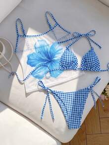 Elavelle Women's Random Print Halter Halter 3-Piece Bikini Set, Spring/Summer - Multicolor - View 2