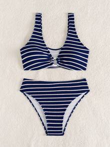 Swim Vcay V-Neck Wide Strap Striped Casual Bikini Set - Blue - View 4
