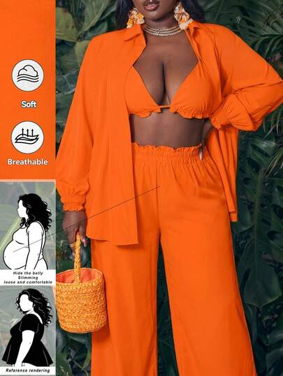 SHEIN CURVE+ Conjunto casual de 3 piezas de talla grande para mujer con top halter de unicolor, pantalones y cárdigan