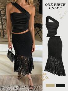 SHEIN MOD 2件套/不对称肩部/不对称褶皱酒红色吊带衫 - 紅色和黑色 - 查看 3
