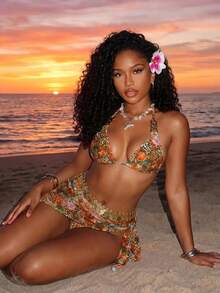 SHEIN Swim Women's 3-Piece Swimwear Set: Floral & Leopard Print Chain Halter Backless Mini Dress, Sexy Beach Holiday Outfit Vacation Summer - Multicolor - View 3