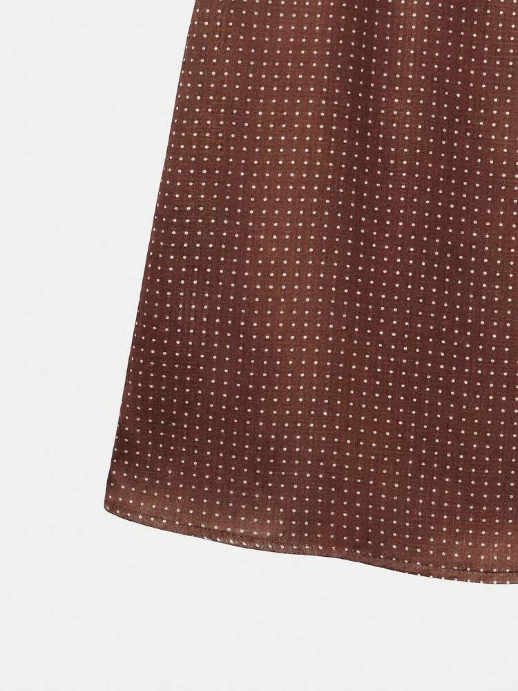 Brown Satin Midi Dress With Ecru Polka Dots, Thin Straps, And Contrasting Ruffle Details Chic French Dress Romantic Dress Evening Dress Holiday Dress