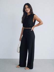 Set Of Two-Piece Sleeveless Short Top, Wide Pants For Summer. - 黑色 - 查看 3