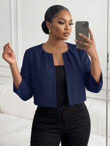 Lady CURVE Blazer corto de manga 7/4 de estilo elegante y de moda para oficina y uso diario, para mujeres de talla grande en otoño e invierno - Negro - Ver 5