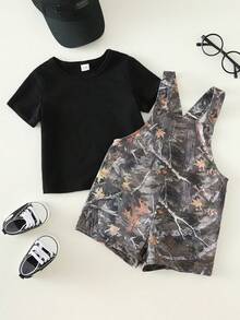 SHEIN Bubblio Unisex Baby 2pcs/Set Casual Fashion Black Short Sleeve T-Shirt And Camouflage Bib Shorts Overalls Set, Spring/Summer Baby Boy Clothes, Outfit Set, Streetwear Camo Baby Outfits Boy Outfit Sets Summer Black Toddler Boy Outfit Set - Black - View 4