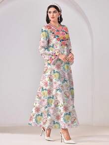 Al Najma Đầm dài tay cổ chữ V in hoa, kiểu dáng Ả Rập, giản dị, tối giản, kín đáo. - Nhiều màu - Xem 4
