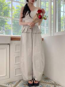 DAZY Quần ống rộng dáng suông, xếp ly, thoải mái dành cho nữ, đa năng. - màu xanh lá - Xem 4