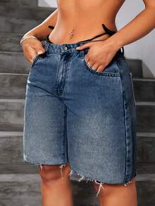 SHEIN EZwear Plus Size Plain Simple Everyday Denim Shorts - Dusty Blue - View 1