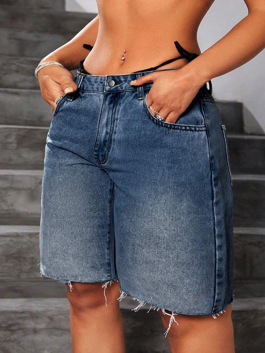 SHEIN EZwear Plus Size Plain Simple Everyday Denim Shorts - Dusty Blue - View 1