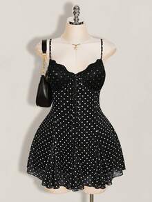 SHEIN ICON 大码女式波点撞色蕾丝连衣裙 - 黑色 - 查看 3