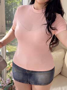 CovetEZ Plus Size Women's Solid Color Versatile Mesh Patchwork Round Neck Short Sleeve T-Shirt, Summer Yk2k Casual Sheer Top, Pink Formal Holiday - Baby Pink - View 1