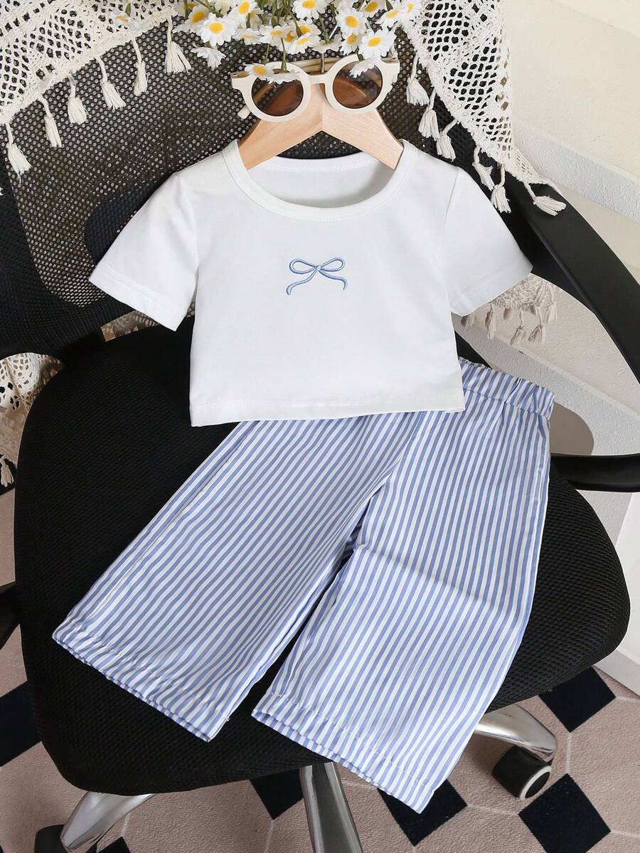 SHEIN 2件套女婴幼儿/新生儿0-3岁可爱休闲条纹蝴蝶结T恤+条纹裤套装，婴儿莫兰迪蓝套装，春夏款