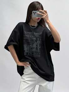 DAZY Women's Character Slogan Printed Drop Shoulder Loose T-Shirt Graphic Tee Oversized T-Shirt - Black - View 5