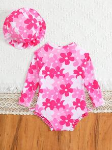 Souflis Souflis Baby Girls Beachwear 2-Piece Swimsuit Set, Soft & Smooth Fabric, Floral Print, Long Sleeve, Front Zipper, Contrast Color, Bowknot Design - Pink - View 2