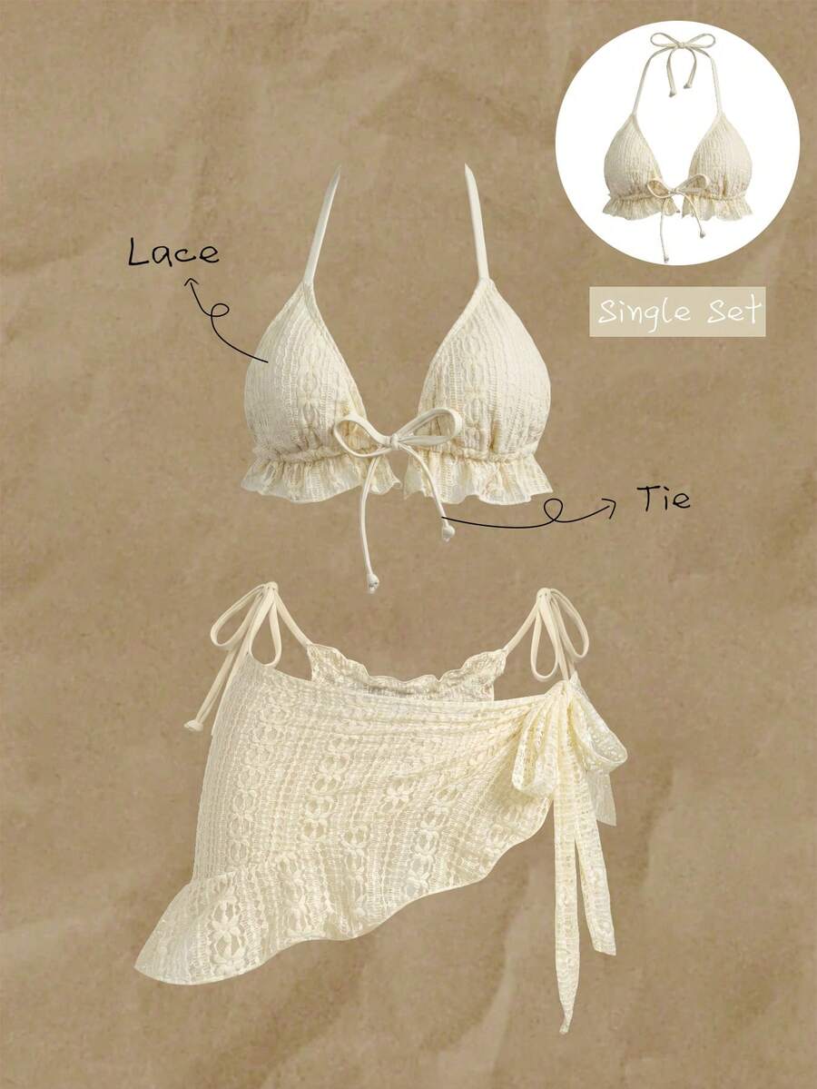 Elavelle Áo bikini buộc cổ bằng vải jacquard dành cho nữ, thích hợp cho mùa xuân/hè. - Màu be - Xem 1