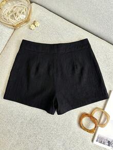 INAWLY Women's Casual Solid Color Shorts, Minimalist Style For Daily Wear And Commuting, Summer - Black - View 2