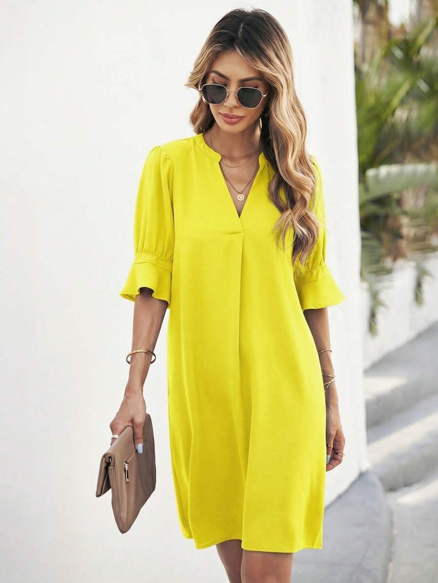 EMERY ROSE Women's Summer Fashion Solid Color Notch Neck Mid-Sleeve Dress - Yellow - View 1