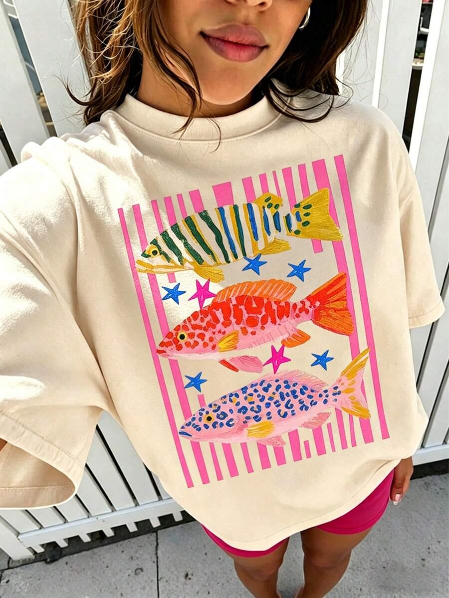 EMERY ROSE Women's Colorful Fish Graphic T-Shirt, Casual Crew Neck Short Sleeve Loose Tee, Summer Vintage Animal Print Top - Apricot - View 1