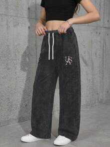 SHEIN 2026新款宽松牛仔裤，适合青少年女孩，黑色水洗，松紧腰带配白色抽绳，刺绣休闲时尚，面料柔软舒适，适合日常穿着、外出、聚会、节日、度假等各种场合。 - 黑色 - 查看 9
