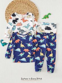 Cozy Pixies Bộ đồ ngủ 4 món cho bé trai/bé gái, ôm sát, in hình động vật và khủng long hoạt hình, áo dài tay và quần, chất liệu mềm mại, thoải mái. - Màu xanh bụi bặm - Xem 9