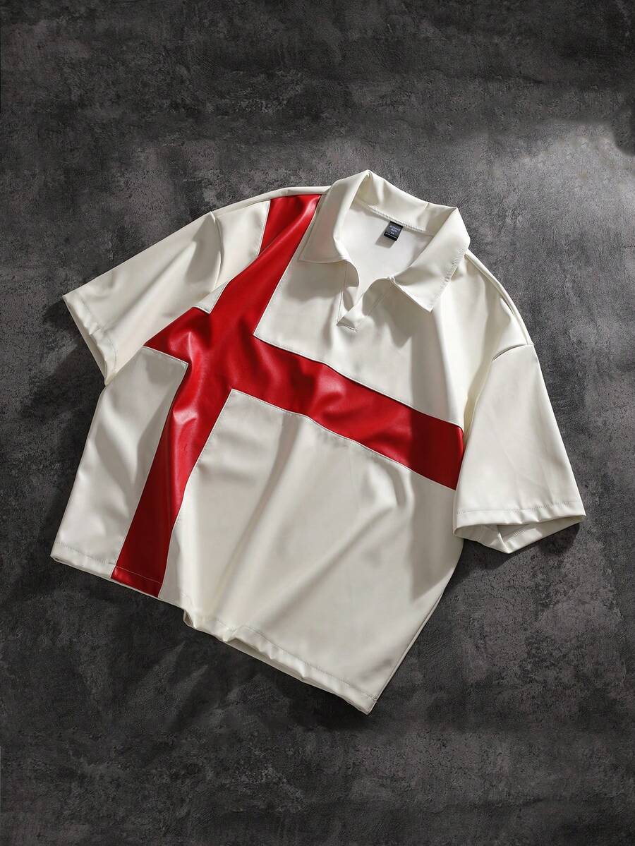ROMWE MEN 男士PU皮革拼接Polo衫,春夏款 - 彩色 - 查看 1