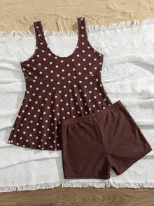SHEIN Swim Curve 2026 Spring New Plus Size Women's Fashion Printed Round Neck Tankini Swimwear Set With Shorts - Coffee Brown - View 5