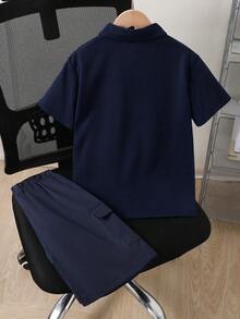 Mirajuku 男童休闲条纹polo衫和红色梭织短裤两件套，适合春夏户外活动 - 藏蓝色 - 查看 2