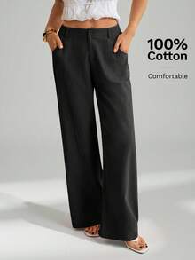SHEIN Tall 100%水洗棉低腰直筒長褲，適合高個女性 - 黑色 - 查看 6