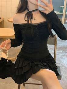 DAZY 女士系带优雅蕾丝长袖T恤，春秋季 - 黑色 - 查看 5