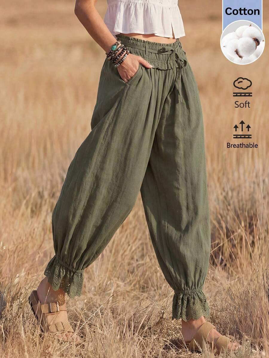 Wildy Quần lửng 3/4 kiểu Bohemian mùa hè, phong cách đồng quê, màu xanh lá cây, chất liệu cotton, cạp chun, phối ren, màu xanh lá cây. - màu xanh lá - Xem 1