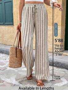 SHEIN Tall CURVE 大码女式抽绳腰带条纹休闲百搭阔腿裤，适合日常穿着 - 彩色 - 查看 2