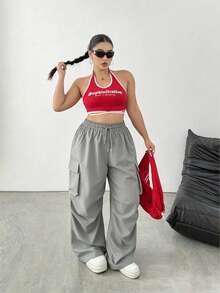 SHEIN Tall CURVE Plus Size Casual Solid Color Drawstring Waist Flap Pocket Cargo Pants - Light Grey - View 3