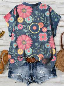 EMERY ROSE Plus Size Women Floral Print V-Neck Short Sleeve Blouse, Vacation - Multicolor - View 2