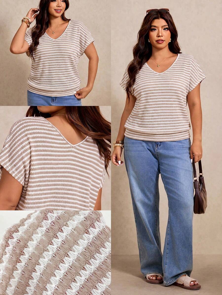 Elaquor Plus Size Casual Minimalist Knit T-Shirt - Apricot - View 1