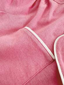 SHEIN Cottnline رداء نسائي من القطن الخالص بأزرار أمامية وحواف متباينة وأكمام قصيرة مريح للاستخدام المنزلي - وردي - مشاهدة 7